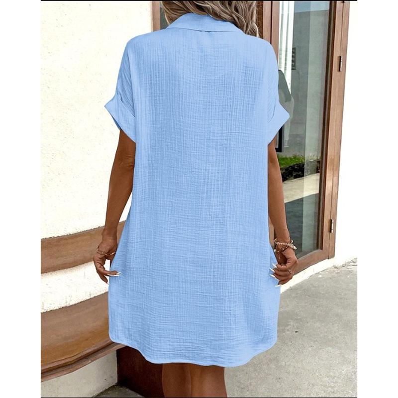 Модное повседневное однотонное свободное повседневное платье с коротким рукавом для женщин, летнее однобортное однотонное платье-рубашка для женщин, однотонные простые элегантные платья с лацканами 26640
