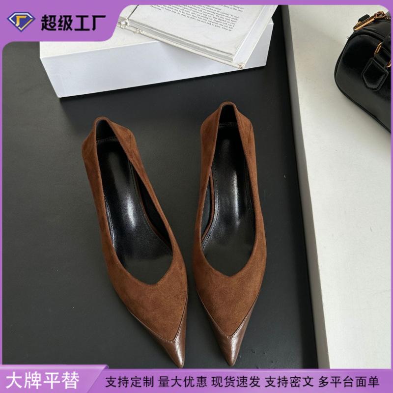Retro Pointed Single Shoes Women's Outer Wear High-end Suede Korean Version High Heels Women's Thin Heels French Splicing Soft Leather Women's Shoes