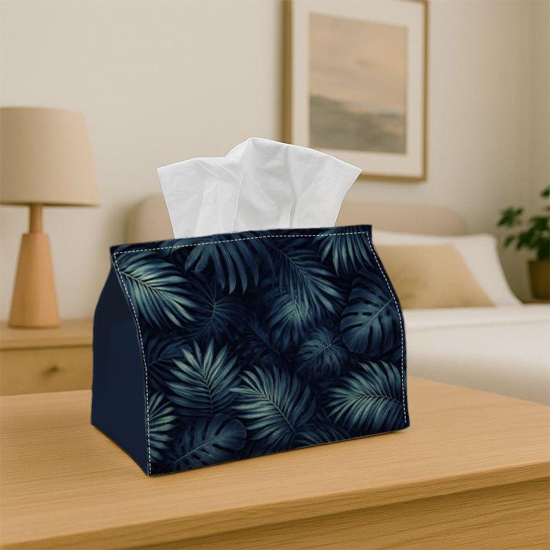 1pc Modern Tropical Tissue Box- Palm Leaf Dark Blue Fabric Multi-Purpose Storage Organizer for Kitchen, Dining Table Decorative Napkin Holder, - Styli