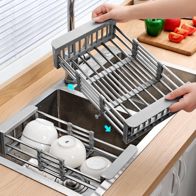 48cm Adjustable Stainless Steel Sink Rack Sink Dish Rack Dish Holder Kitchen Sink Storage Rack Dish Draining Rack Fruits Drainer
