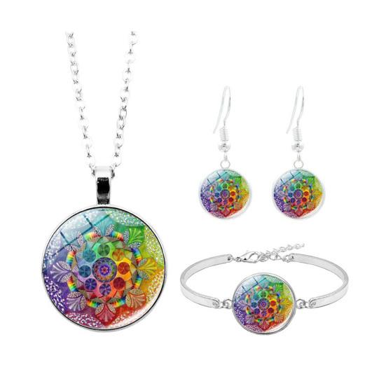 Комплект ювелирных изделий Кабошон Мандала Ожерелье Женщины Кулон Серьги Стеклянный браслет Подарок