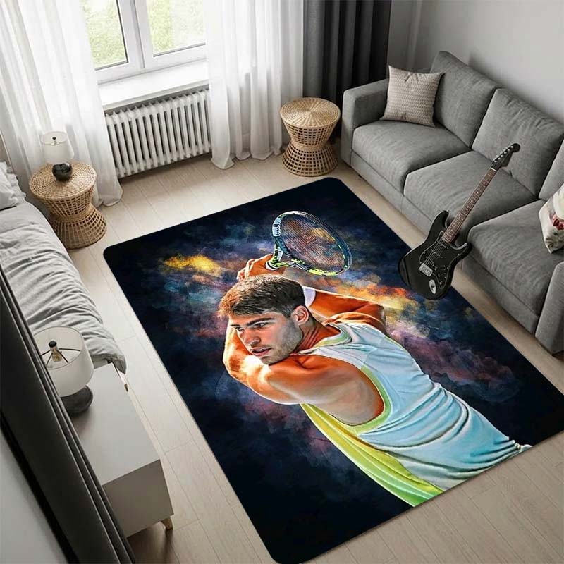 Carlos Alcaraz Tennis Player Art Print Area Rug, Non Slip Floor Carpet for Living Room Bedroom, Tennis Fan Decor Mat