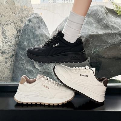 Женские осенне-зимние ретро однотонные кожаные спортивные туфли на толстой подошве