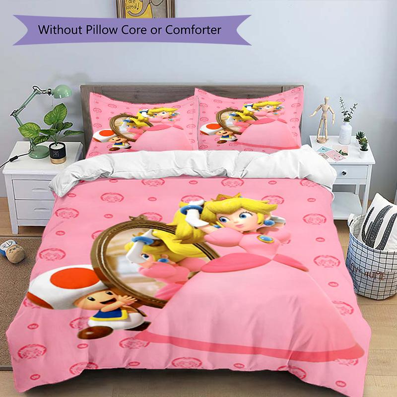 3pcs Duvet Cover Set (1*Duvet Cover + 2*Pillowcase, Without Core), Princess Peach Toadstool Print Bedding Set, Bedroom Decor, All‑Season, Birthday Gif