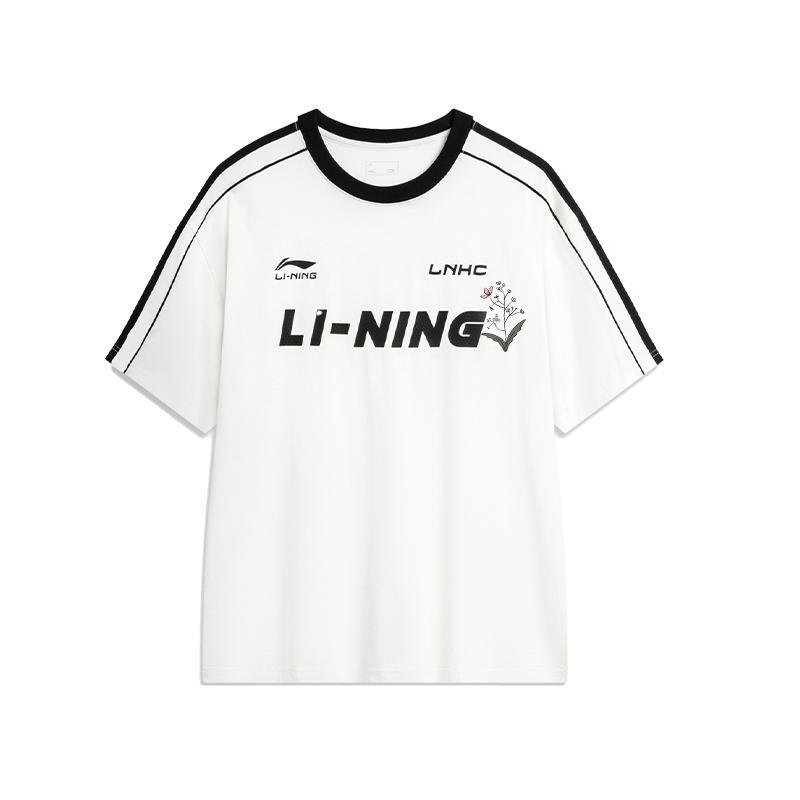 Li Ning Футболка с принтом полоски с надписью Свободная Повседневная Круглый вырез Короткий рукав Унисекс Топы Белый AHSU657-1(КОМАНДА702-3.4.20)
