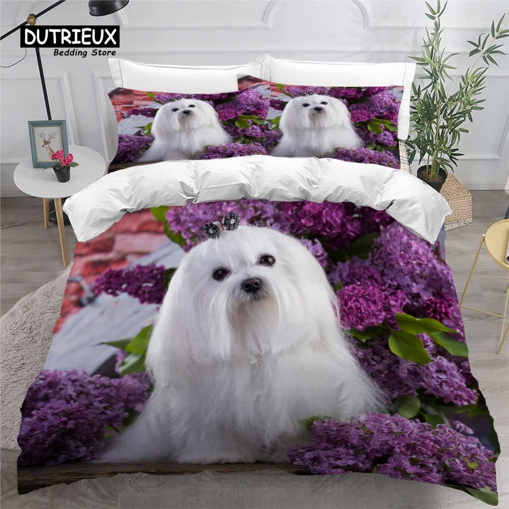 Cute Maltese Dog Duvet Cover Set Pet Dogs Theme Bedding Set Microfiber Kawaii Animal Comforter Cover Twin King For Kids Teens