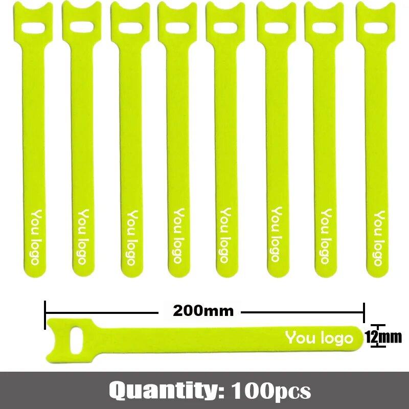 100pcs 200mm Customized LOGO nylon Reverse buckle hook loop fastener cable ties strap sticky Line finishing print your logo