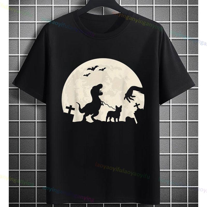 Unisex Funny Halloween French Bulldog Dog Frenchie Dinosaur Graphic Tshirt Pure Cotton Shortsleeve Casual Humor Style Tshirt