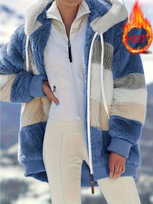 Женская теплая плюшевая лоскутная куртка с капюшоном и карманами на молнии, свободного кроя, на осень и зиму 2025