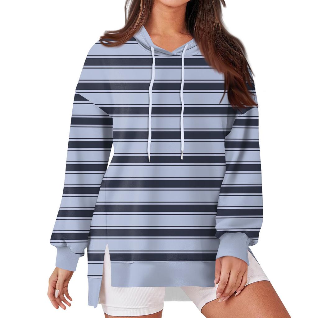 Женская модная повседневная толстовка с капюшоном с длинными рукавами и завязками, полосатая лоскутная принтованная свободная толстовка с разрезом