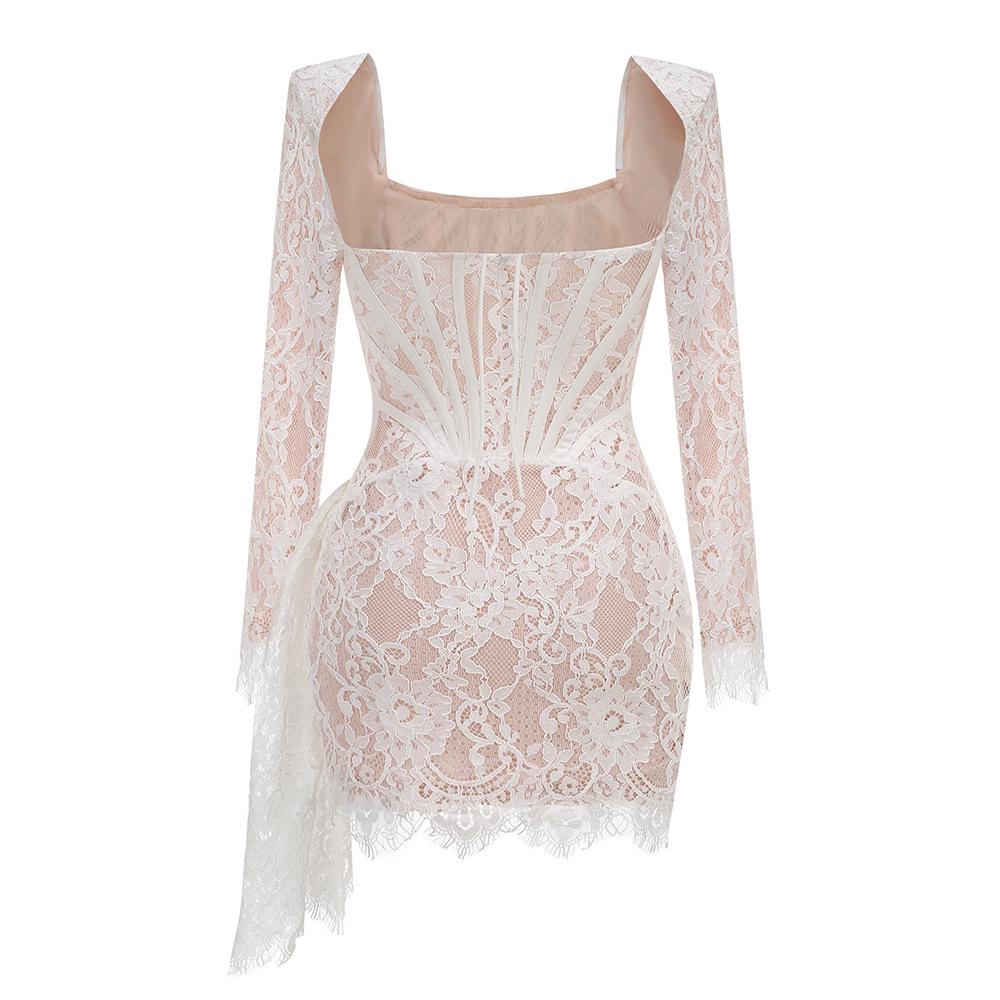 Европейское и американское сексуальное кружевное платье-сетка с корсетом на косточках – с длинными рукавами, осенне-зимняя короткая юбка