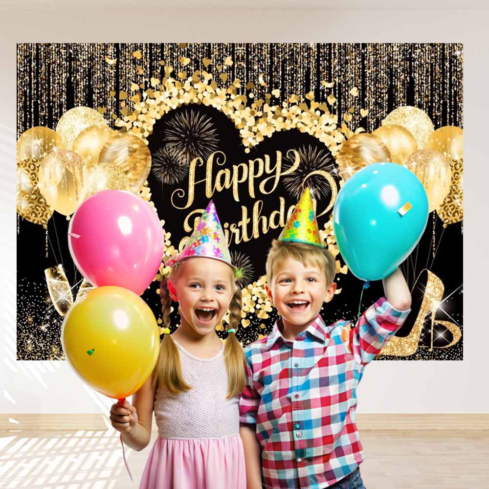 Black gold adult birthday background, gold glitter balloon, party, family portrait, photo, backdrop, birthday decoration, banner