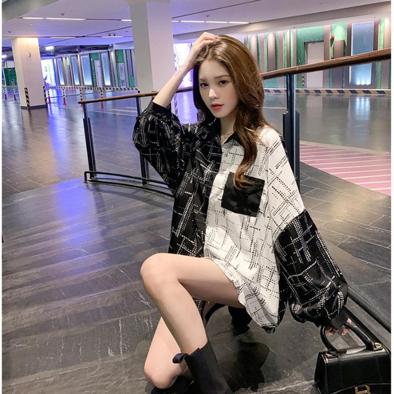 HOUZHOU Лоскутная рубашка женская с длинным рукавом однобортная плюс размер повседневная корейский стиль шик