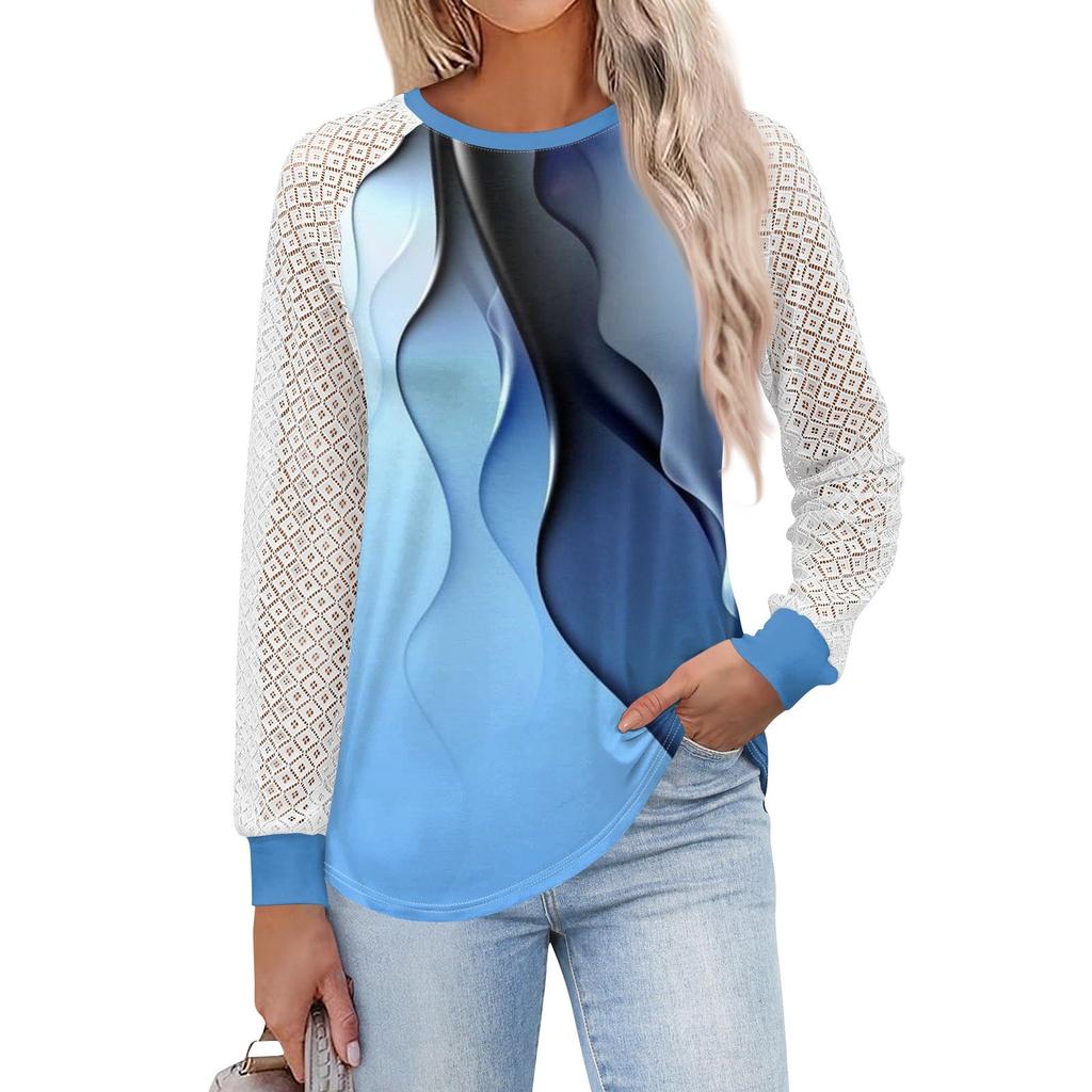 Женские футболки с длинным рукавом, топы с круглым вырезом и кружевом, повседневные блузки, модные топы