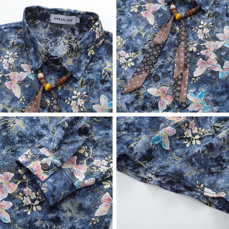 American Vintage Blue Butterfly Floral Print Long Sleeve Shirt Unisex Casual Loose Fit Button Up Blouse