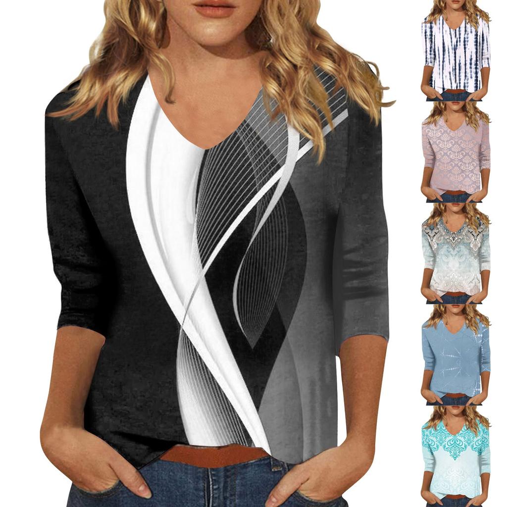 Women’s Fashion Everyday Everything Casual V-neck Seven-point Sleeve Printed T-shirt Top
