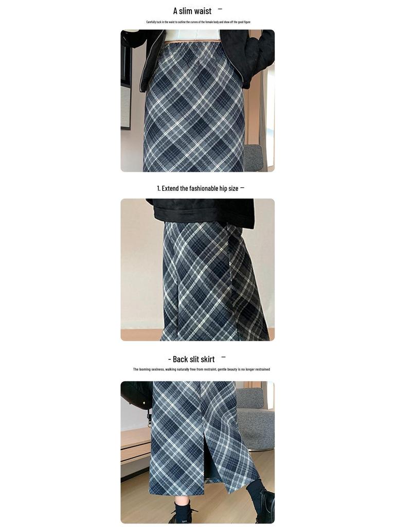 Женская шерстяная клетчатая юбка с высокой талией - узкий А-силуэт средней длины, утолщенная для осени/зимы 2024 г.