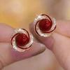 Geometric Wine Red New Year Earring Vintage Autumn Winter Earring Rose Pearl Ear Studs  Women