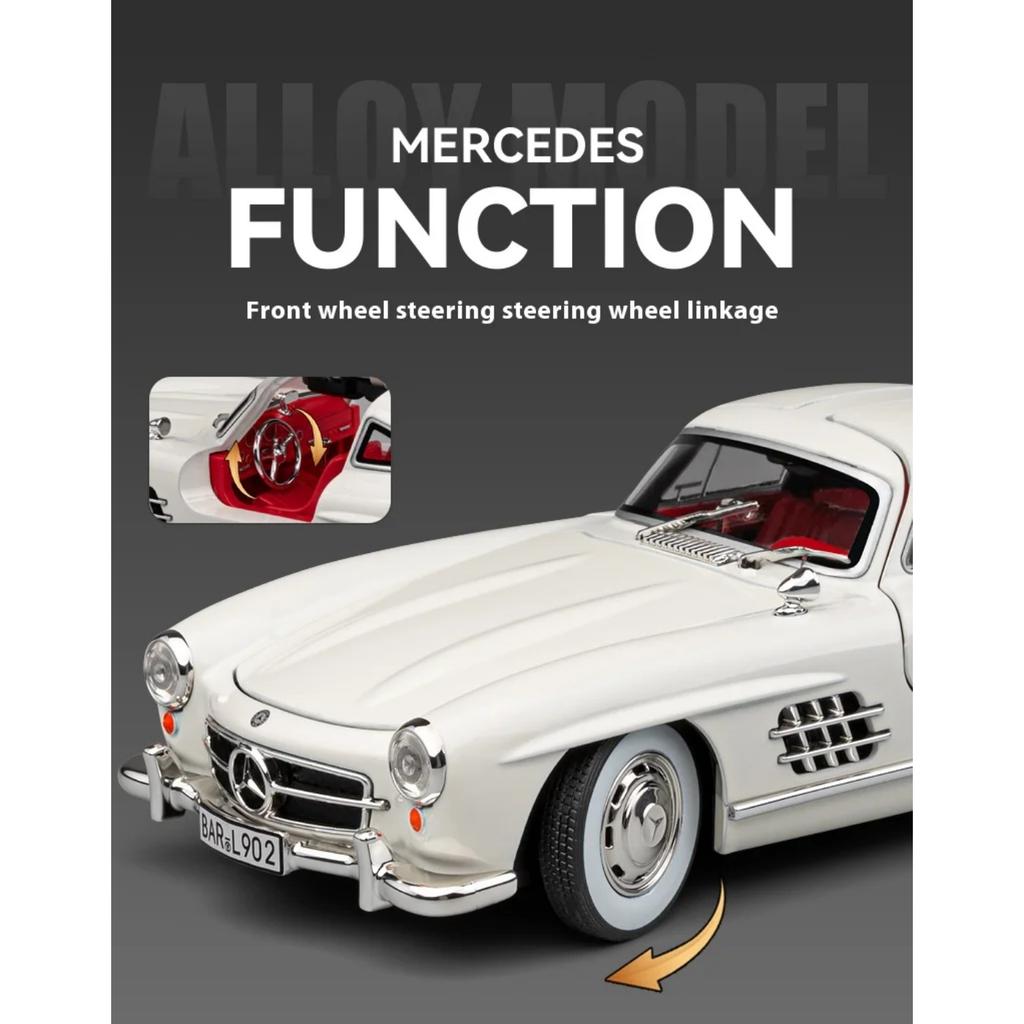 Масштаб 1/24 Классический автомобиль Benz 300SL Металлическая литая модель автомобиля со звуком и светом Коллекционирование Хобби Настольное декоративное украшение Подарок