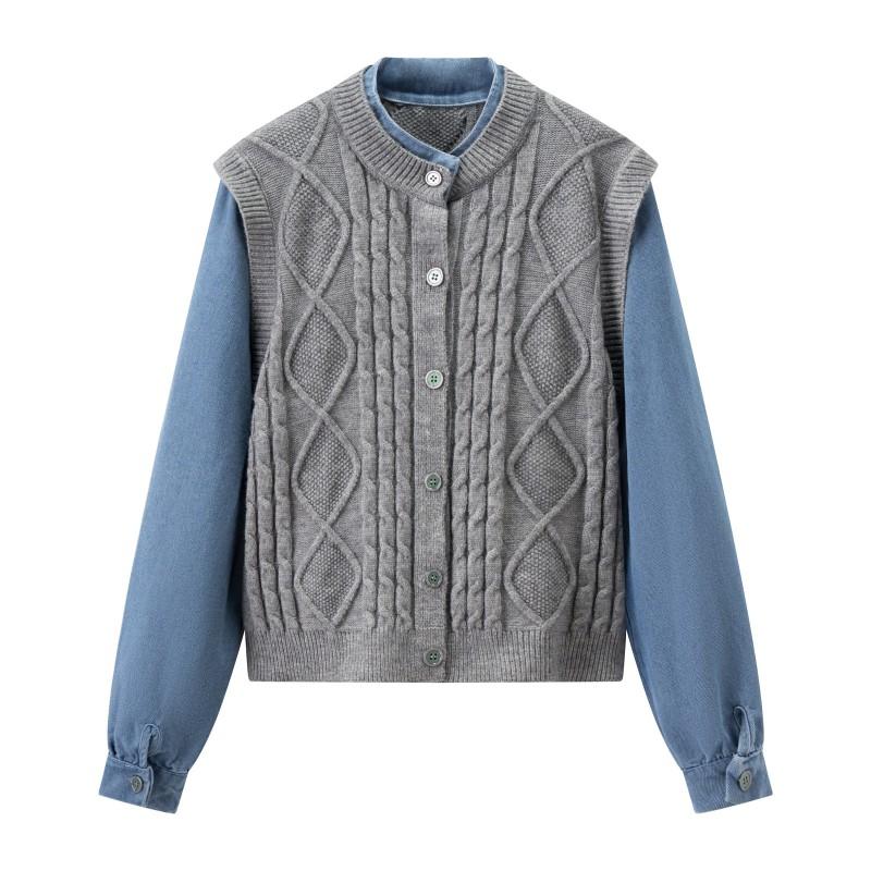 Fashion Trendy Denim Knit Fake Two-Piece Top Street Style Round Neck Long Sleeve Cardigan