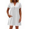 Women's Fashionable Solid Color V Neck Button Short Sleeved Pullover Dress