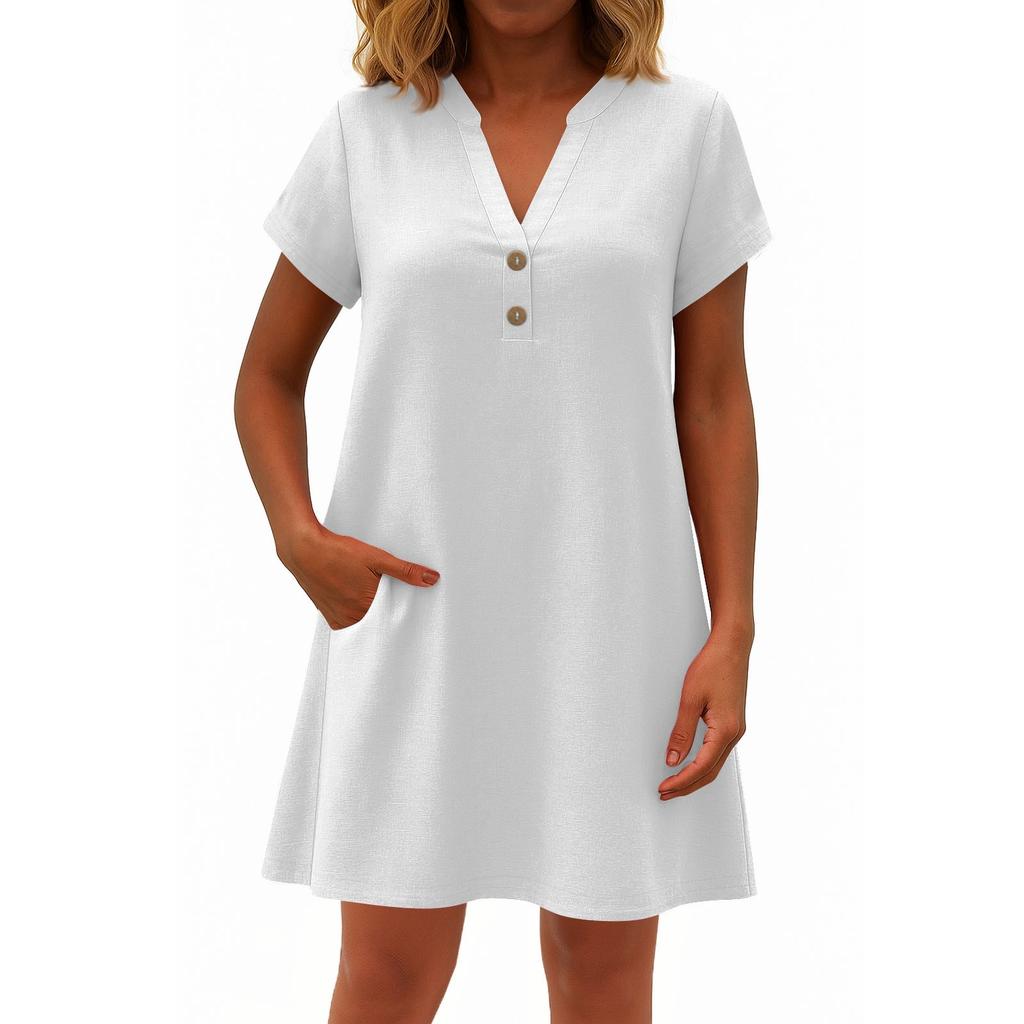 Women's Fashionable Solid Color V Neck Button Short Sleeved Pullover Dress