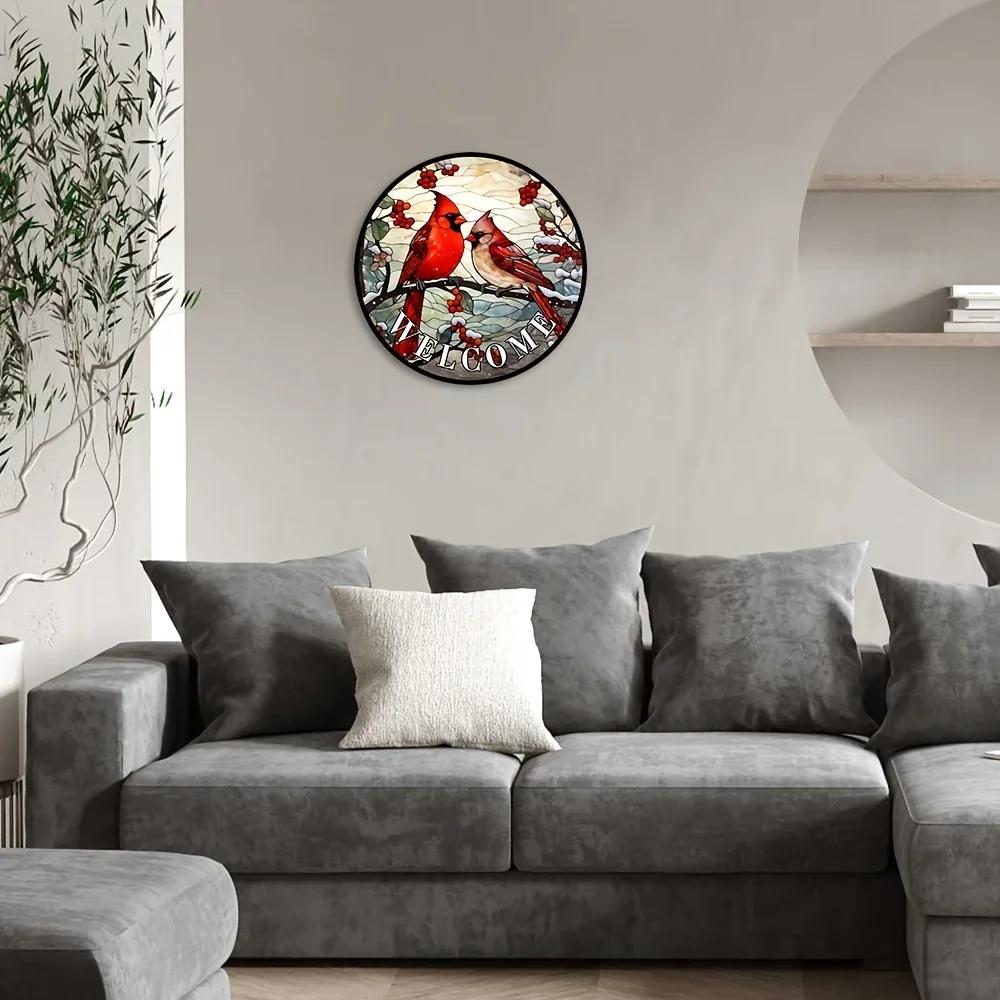 1 шт., приветственный венок с кардиналом и ягодами падуба, зимняя деревенская металлическая жестяная вывеска, декоративная настенная витражная табличка с изображением красной птицы