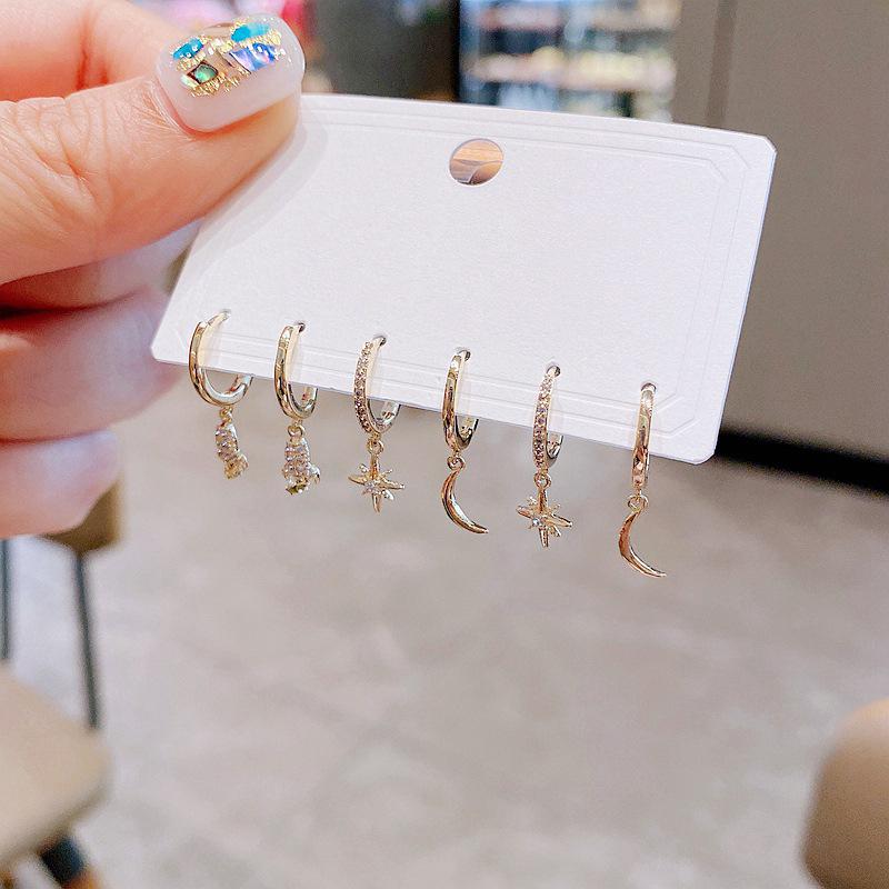 ANENJERY Zircon Rocket Stars Moon Hoop Earrings For Women Simple Shiny 6-piece Earring Set