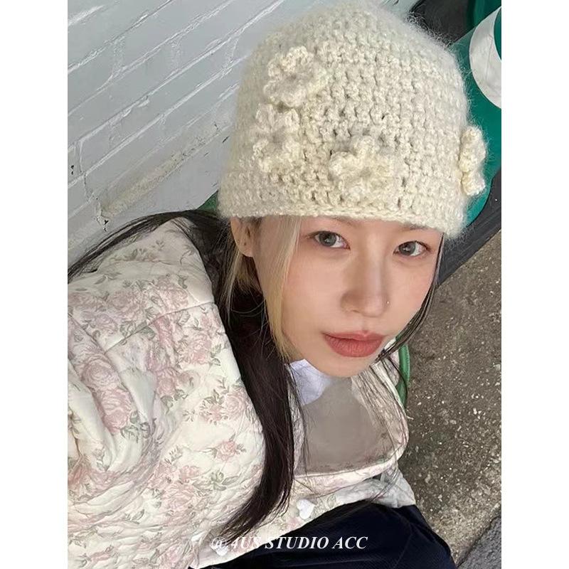 Flower Knitted Hat Children's Niche Designer Season Hand Crocheted Wool Hat Ear Protector Cold Hat Tide