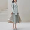 Gray-Blue Double-Breasted Jacket & Irregular Pleated Skirt Set - Autumn Color Block Fashion for Women