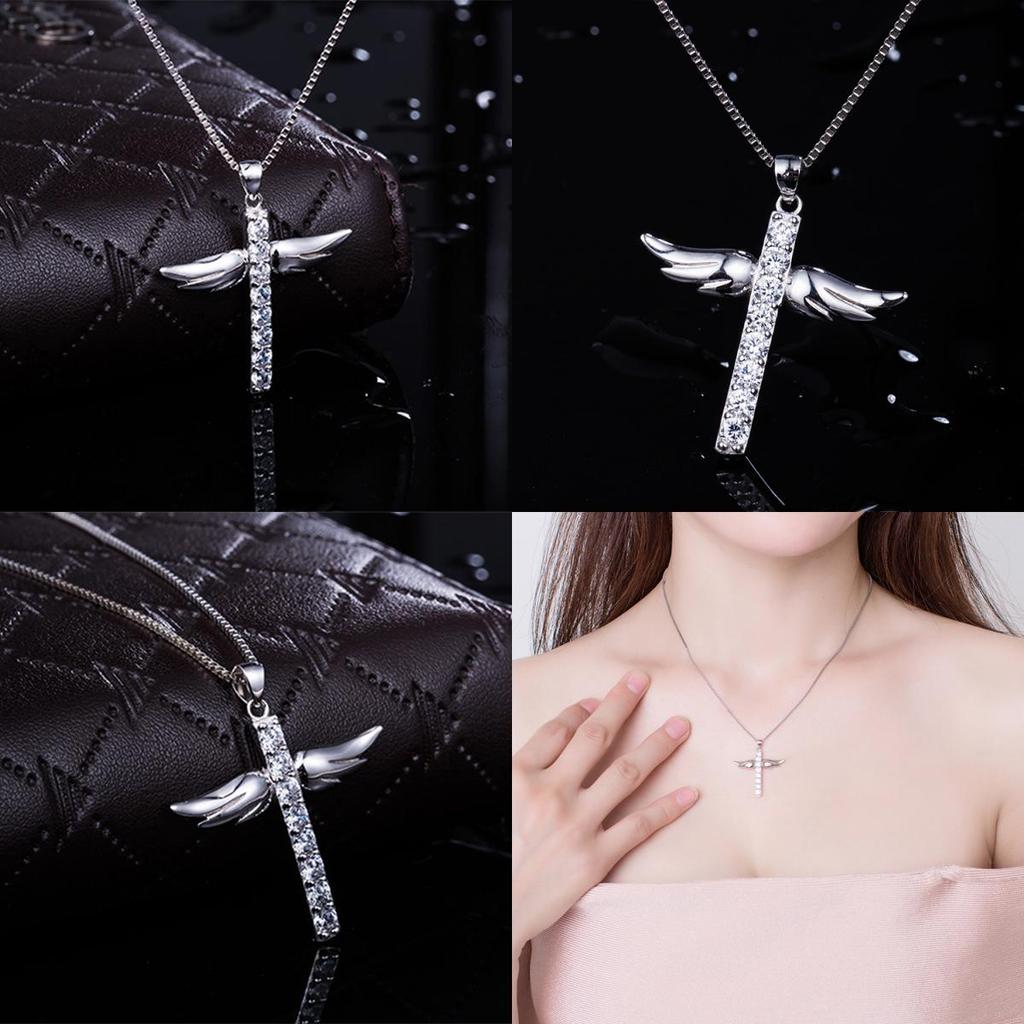 Elegant Silver Women Cross Love Angel Heart Wing Pendant Necklace For Stylish Ladies