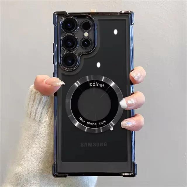 Роскошный магнитный чехол для беспроводной зарядки Samsung S25 S24 Ultra S23 FE S22 Plus, прозрачный противоударный защитный чехол для камеры