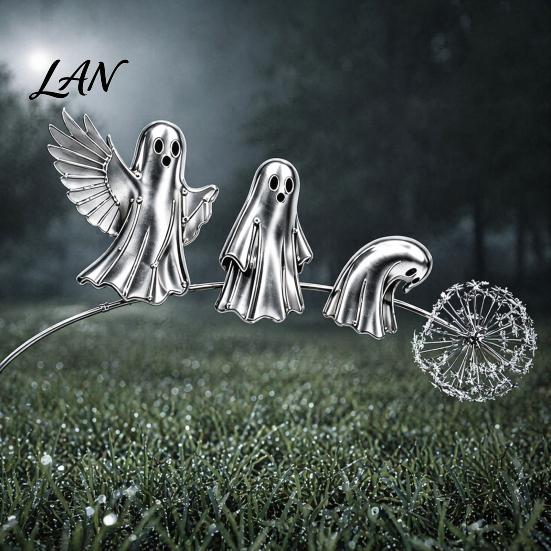 Unique Garden Art for Halloween Ghost Stake, Rustic Yard Decor with Dandelion Accent, Iron Lawn Stakes Metal Sculpture Patio Flower Bed And