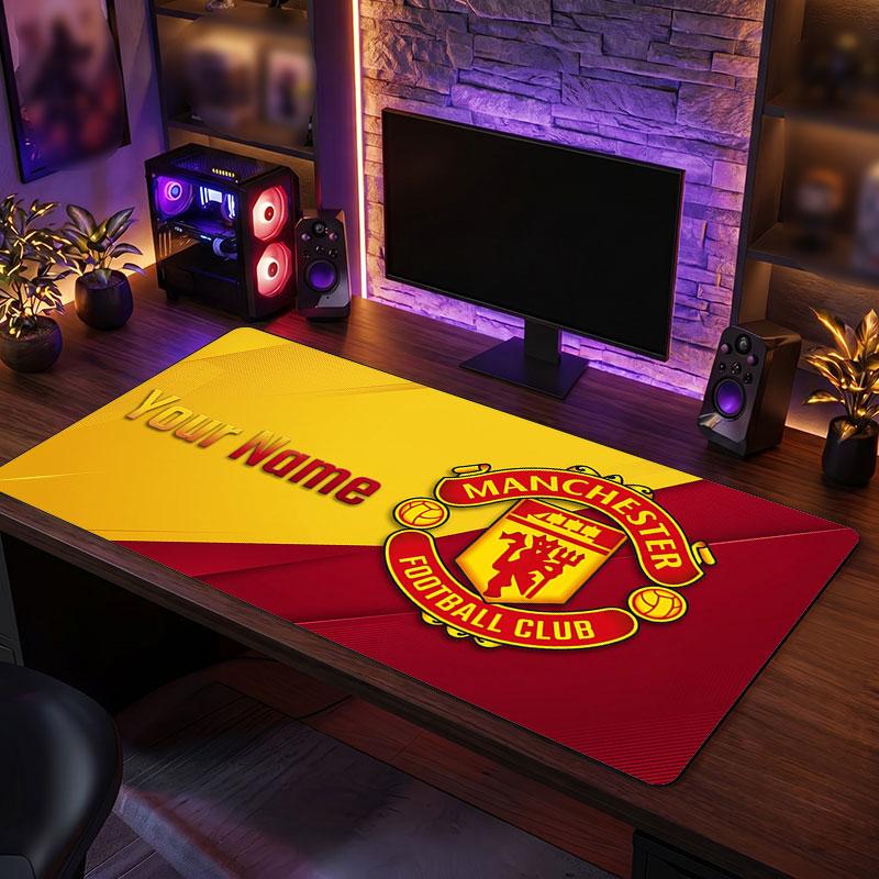 Manchester United Custom Large Mouse Pad, Personalized Name Text Print, Football Logo Non‑Slip Desk Mat Gaming Gift
