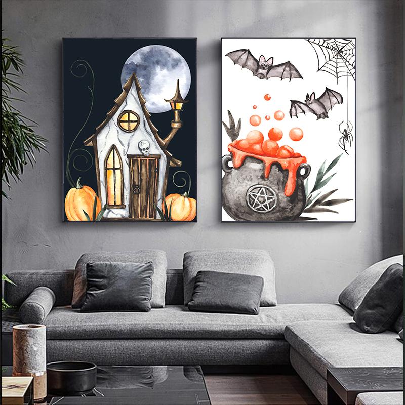 Black Skull Creative Wall Art Moon Kitten Scandinavian Poster Halloween Canvas Painting Wall Living Room Home Decoration