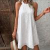 O-Neck Sleeveless Off Shoulder Beach Dress Solid Color Loose Hem Women Summer Casual Hollow Flower Halter Dress