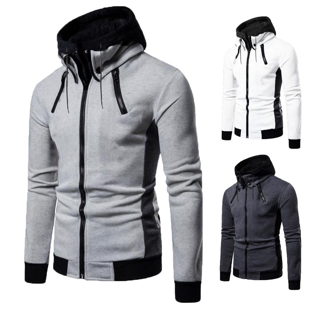 Men's Cardigan Jackets Thicken Fleece Men Autumn Winter Coat Hooded Sweatshirt Zip Up Warm Color Blocking Men's Jackets