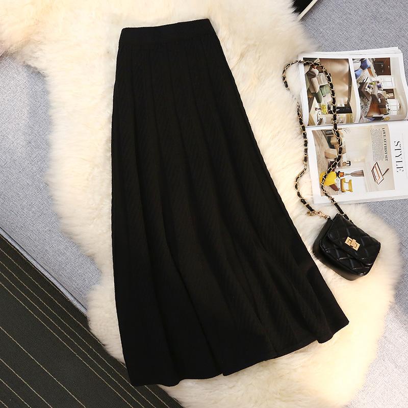 Женская осень-зима элегантная однотонная трикотажная длинная юбка толстые юбки с высокой талией женские дикие юбки-плиссировки А-силуэта