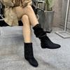Осенние модные высокие сапоги на высоком каблуке с вырезами, увеличивающие рост, с толстым каблуком, с круглым носком, из бархата, однобортные сапоги