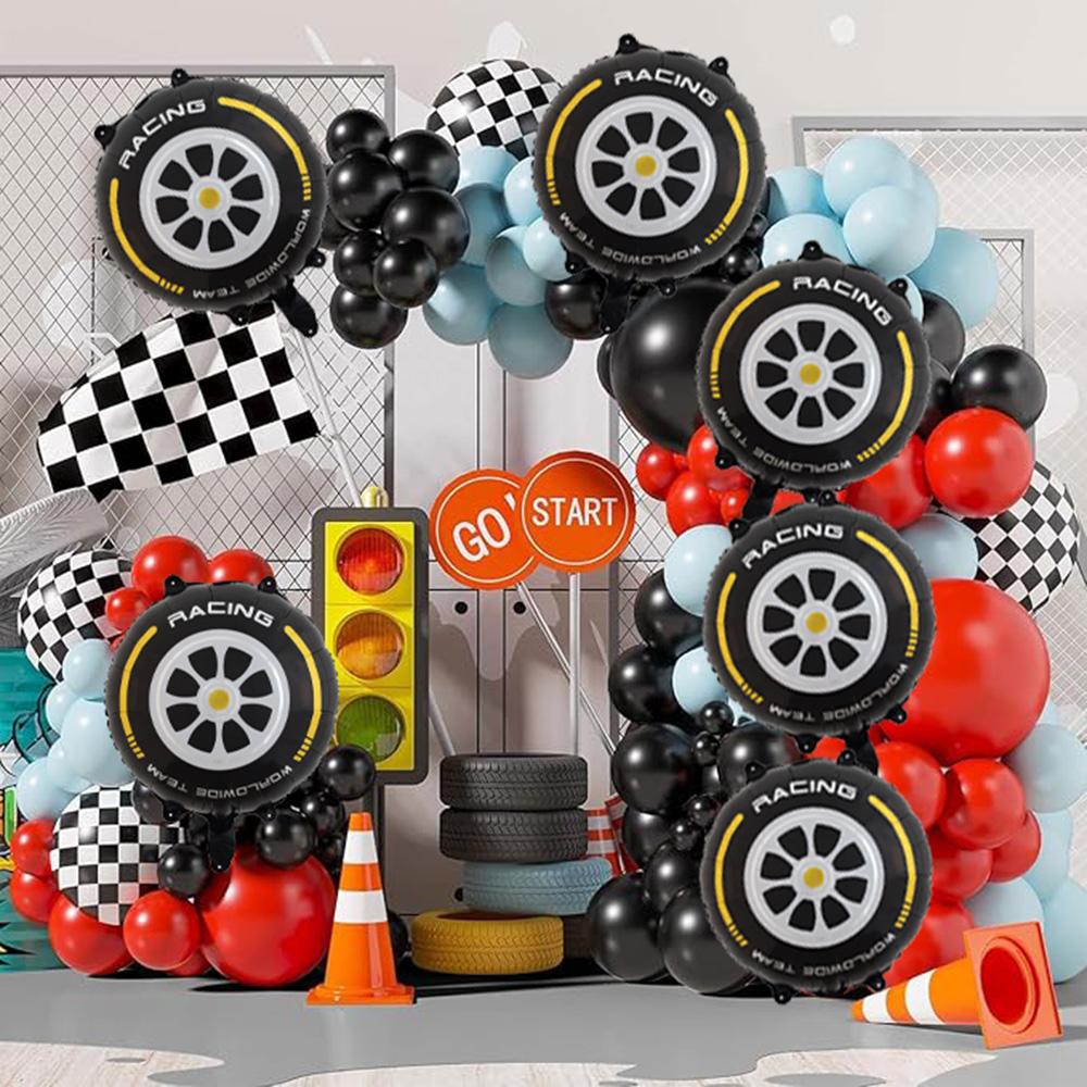 5-Piece Set of 18inch Gold-Edged Tire-Shaped Aluminum Foil Balloons Suitable for Large Racing-Themed Party Decorations and