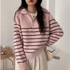 Autumn and Winter Wear Retro Striped Knitted Sweater Women Contrasting Color Half Zipper Lapel Pullover Sweater Women Casual Lazy