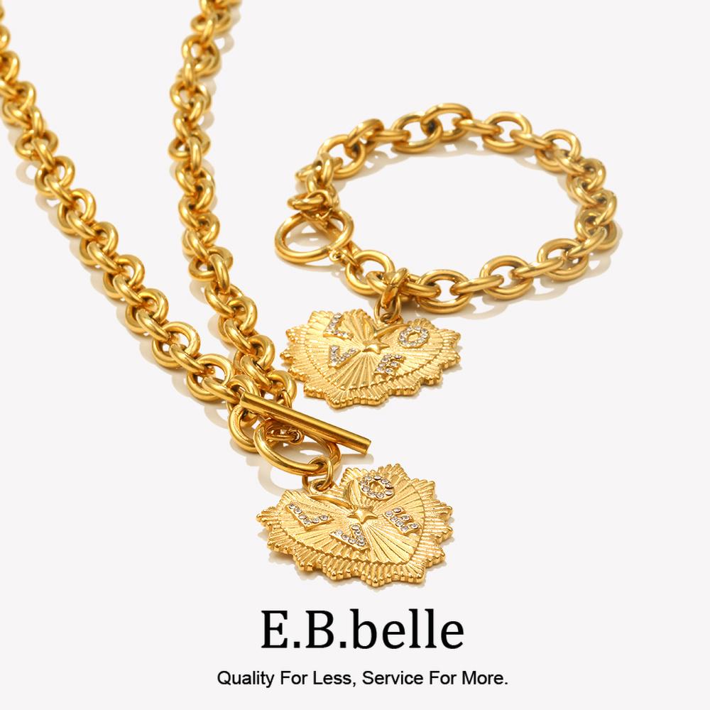 E.B.belle New Exaggerated OT Buckle Rhinestone “LOVE” Heart Buckle Necklace Bracelet 18K Gold Plated Stainless Steel Jewelry Set