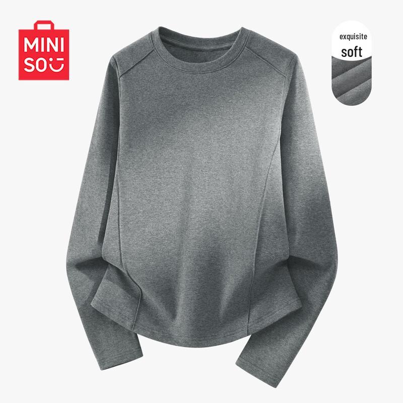 MINISO Женская базовая футболка с круглым вырезом и длинным рукавом, с рисунком «рыбья кость»