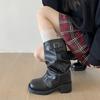 Fashion 2025 Autumn New Thick Heel Riding Women's Boots Pleated Buckle Knight Mid Calf Boots Fashion Casual Cool Girls Boots Zapatos