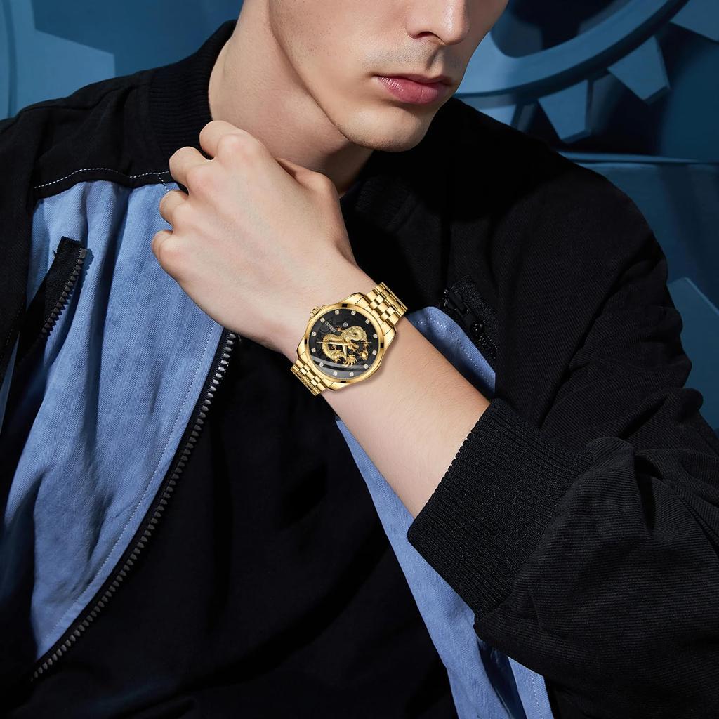 Dragon Watch Stainless Steel Luminous Analog Calendar Dragon Quartz Watch Antique 3ATM Waterproof Fashion Accessories Gold Birthday Anniversary