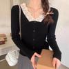 Осень Зима V-образный вырез Длинный рукав Вязаный Женский Свитер Топ Повседневный Простой Кружево Офис Базовые Футболки Женственный Сладкий Базовый Приталенный Пуговицы Свитера