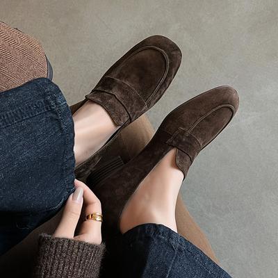 Комфорт | 3 см Британские мягкие овечьи туфли-лоферы из анти-кожи женские на толстом каблуке на одном педале с круглым носком серые на среднем каблуке туфли-бини