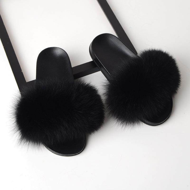 Furry Slippers for Women The Same Style In Summer Real Fox Fur Slippers Plus Size Female Sandals