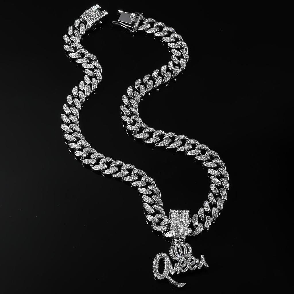 Crown QUEEN Letter Full Diamond Cuban Chain Pendant, Hip Hop Temperament Personality Necklace Jewelry