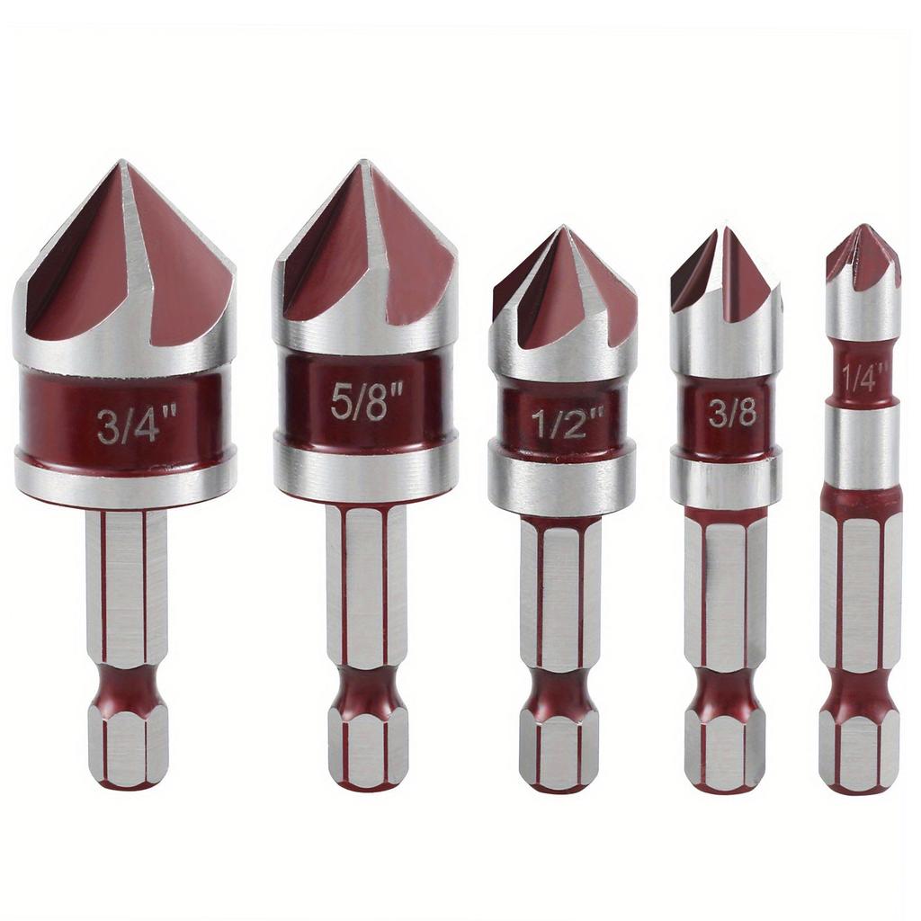 5pcs M35 Cobalt Countersink Drill Bit Set 5 Flute 82° 1/4" Hex Shank 1/4 3/8 1/2 5/8 With Holder Storage Strip for Metal Work